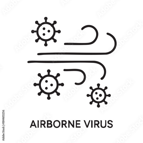Illustration depicting airborne viruses spreading through the air with stylized germ and wave representations shown in black lines