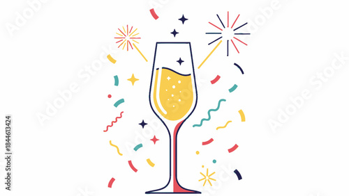 Festive Celebration Scene with Champagne Glass and Colorful Fireworks