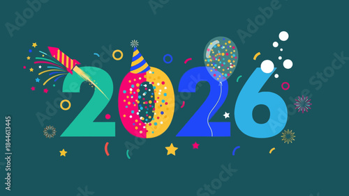 Celebration of New Year 2026 with colorful confetti and festive elements