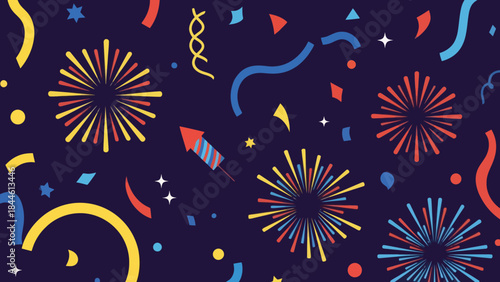 Colorful Fireworks Celebration with Confetti and Streamers in the Night Sky