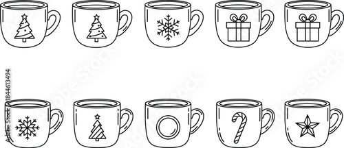 Collection of ten simple black outline holiday themed coffee mugs featuring Christmas trees snowflakes gifts candy canes and stars