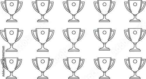 Seamless pattern of fifteen identical outline trophy icons arranged in three rows representing achievement competition and victory awards