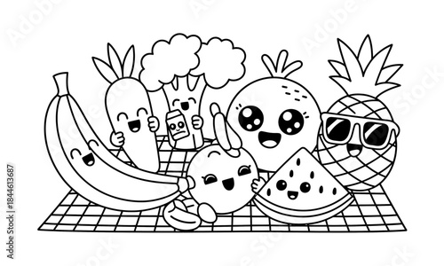 Kawaii Food Icons Cute Cartoon Vector Outline Sticker Emoji Dessert Fruit.