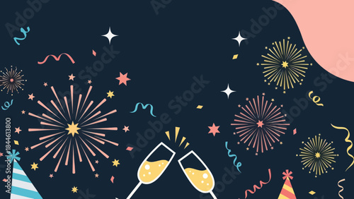 Celebratory New Year's Eve Toast with Fireworks and Confetti Decorations