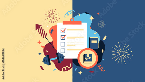 Celebration and Fitness themed illustration featuring a checklist with festive