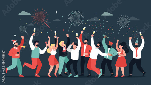Celebratory New Year's Eve Party with Fireworks and Toasts in a Vibrant