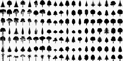 A diverse collection of black silhouette trees against a white background