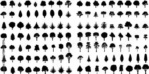 A collection of diverse tree silhouettes arranged in a grid pattern