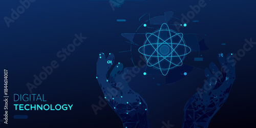 Digital technology concept with hands holding a futuristic glowing orb