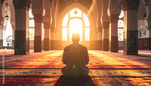Muslim Man Praying with Beautiful Morning Sunlight