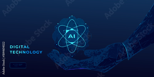 A robotic hand presenting a glowing artificial intelligence core with digital technology