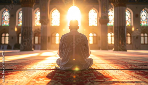 Muslim Man Praying with Beautiful Morning Sunlight