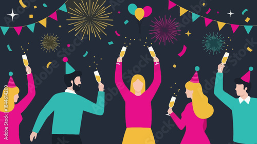 Festive celebration with people cheering and colorful fireworks display