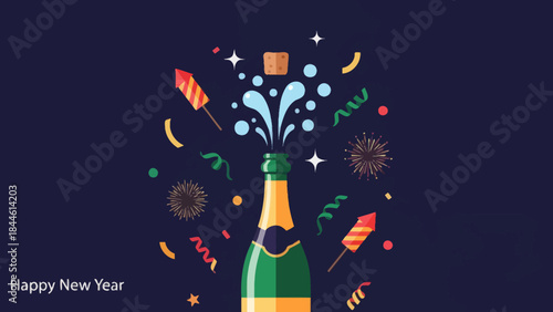 Festive celebration with confetti fireworks and a champagne bottle bursting in