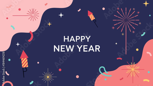 Festive New Year Celebration Card with Fireworks and Colorful Confetti