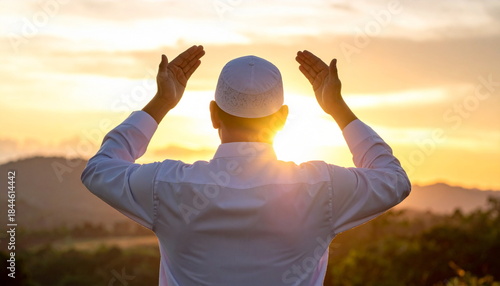 Muslim Man Praying with Beautiful Morning Sunlight