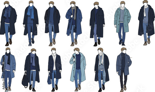A collection of stylish young men wearing fashionable autumn and winter long coats, showcasing modern street style, casual menswear, and cold weather outfit trends vector illustration.