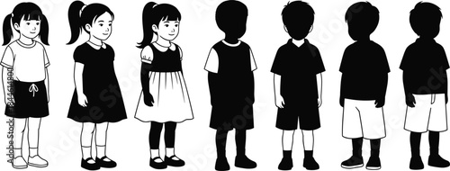 Cute diverse group of primary school children silhouettes and line art: boys and girls standing, ready for play, learning, and education, isolated on white background, vector.