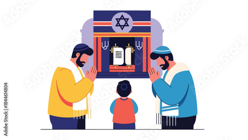 Jewish prayer inside synagogue illustrated in modern flat vector style, respectful spiritual atmosphere, ideal for religion, culture, and educational content