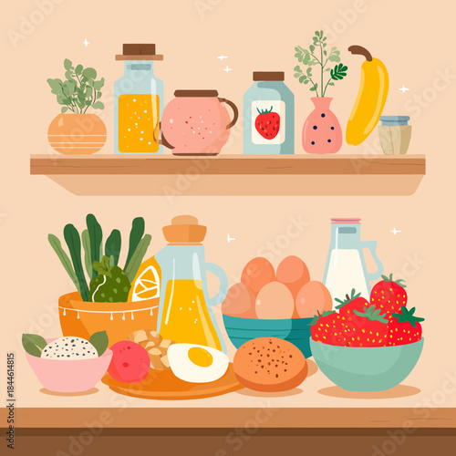 Aesthetic depiction of healthy food ingredients on shelves