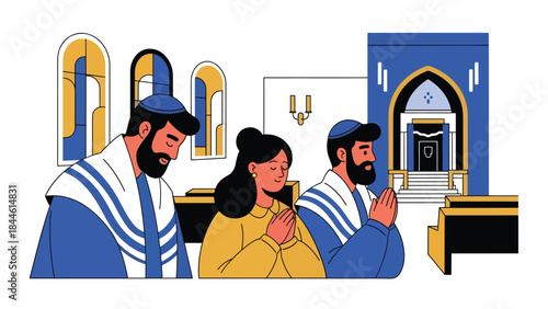Jewish prayer inside synagogue illustrated in modern flat vector style, respectful spiritual atmosphere, ideal for religion, culture, and educational content