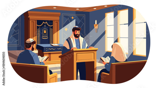 Jewish prayer inside synagogue illustrated in modern flat vector style, respectful spiritual atmosphere, ideal for religion, culture, and educational content