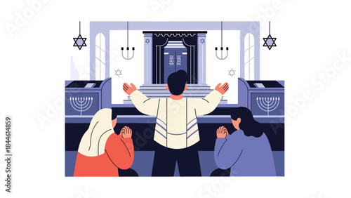Jewish prayer inside synagogue illustrated in modern flat vector style, respectful spiritual atmosphere, ideal for religion, culture, and educational content