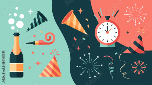 Celebration of New Year with Party Accessories and Fireworks Illustration