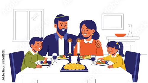 Jewish family celebrating Shabbat dinner together at home, warm and spiritual flat vector illustration, ideal for family, tradition, and religious lifestyle theme