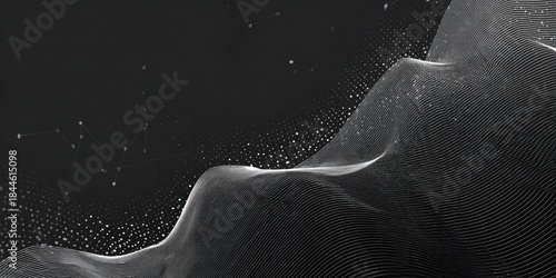 Abstract digital landscape of flowing lines and particles in a dark environment