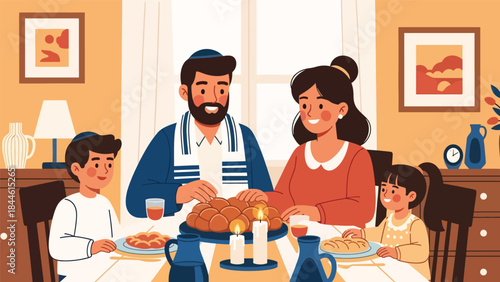 Jewish family celebrating Shabbat dinner together at home, warm and spiritual flat vector illustration, ideal for family, tradition, and religious lifestyle theme