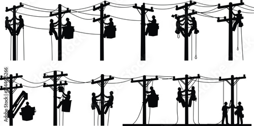 Electrician maintenance teamwork silhouette set, utility workers climbing pole, bucket truck fixing power lines, high voltage repair, lineman installing cable infrastructure, 