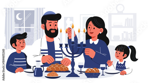 Jewish family celebrating Shabbat dinner together at home, warm and spiritual flat vector illustration, ideal for family, tradition, and religious lifestyle theme