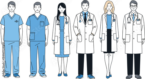 Diverse Medical Professionals Group Illustration, Including Surgeons, Doctors, and Nurses in Scrubs and White Coats, Representing Healthcare, Hospital Staff,