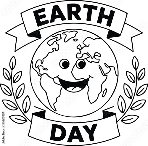 Earth Day Celebration Emblem with Happy Earth Character Vector.