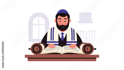 Rabbi reading Torah during Jewish religious service, modern flat vector illustration showing devotion and learning, ideal for education and faith-based content
