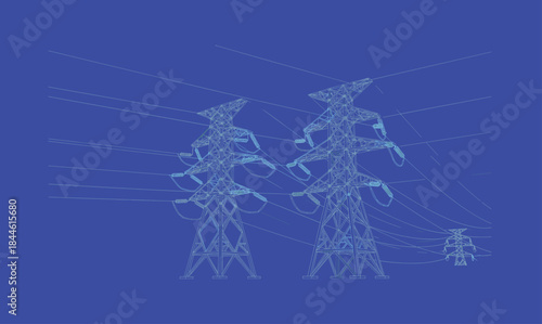 Digital wireframe illustration of high voltage transmission towers, electricity pylons, power grid infrastructure, energy supply, lattice structure visualization, blue background