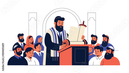 Rabbi reading Torah during Jewish religious service, modern flat vector illustration showing devotion and learning, ideal for education and faith-based content