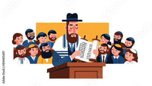 Rabbi reading Torah during Jewish religious service, modern flat vector illustration showing devotion and learning, ideal for education and faith-based content