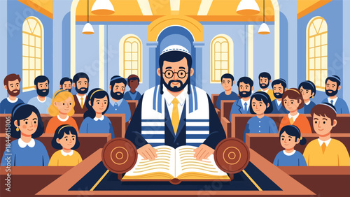 Rabbi reading Torah during Jewish religious service, modern flat vector illustration showing devotion and learning, ideal for education and faith-based content