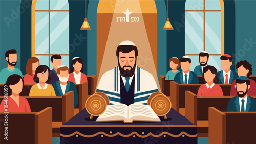 Rabbi reading Torah during Jewish religious service, modern flat vector illustration showing devotion and learning, ideal for education and faith-based content