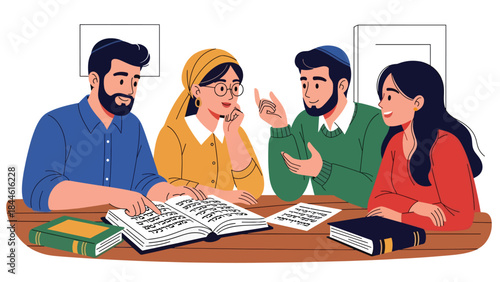Jewish people studying religious texts together, modern flat vector illustration emphasizing learning and tradition, ideal for education and cultural themes