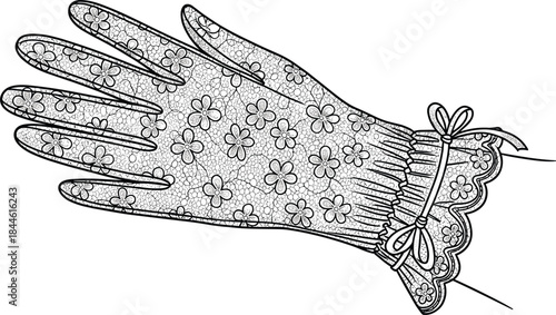 Elegant vintage blue lace glove, sophisticated floral pattern, delicate wrist ruffle, fashion accessory design illustration, classic formal wear, intricate textile texture, vector graphic.