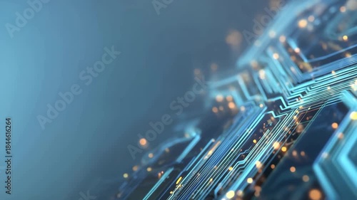 Glowing electronic circuit lines with golden particles on dark blue futuristic technology background