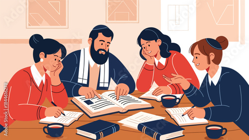 Jewish people studying religious texts together, modern flat vector illustration emphasizing learning and tradition, ideal for education and cultural themes