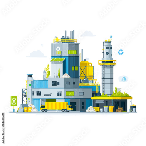 Flat vector illustration of a modern waste recycling factory