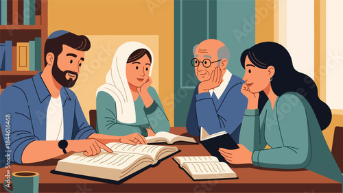 Jewish people studying religious texts together, modern flat vector illustration emphasizing learning and tradition, ideal for education and cultural themes