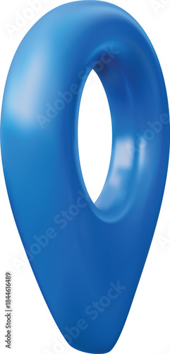 Geolocation pin, 3D, blue, side view, volumetric shape with highlights.