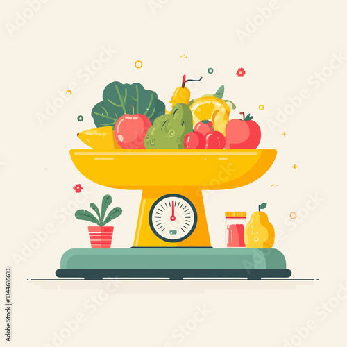 Illustration of healthy food being weighed on a scale