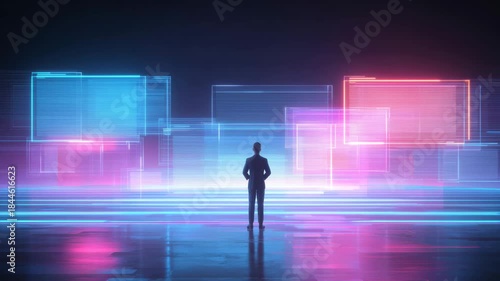 Business person standing in glowing digital grid with neon holographic interfaces